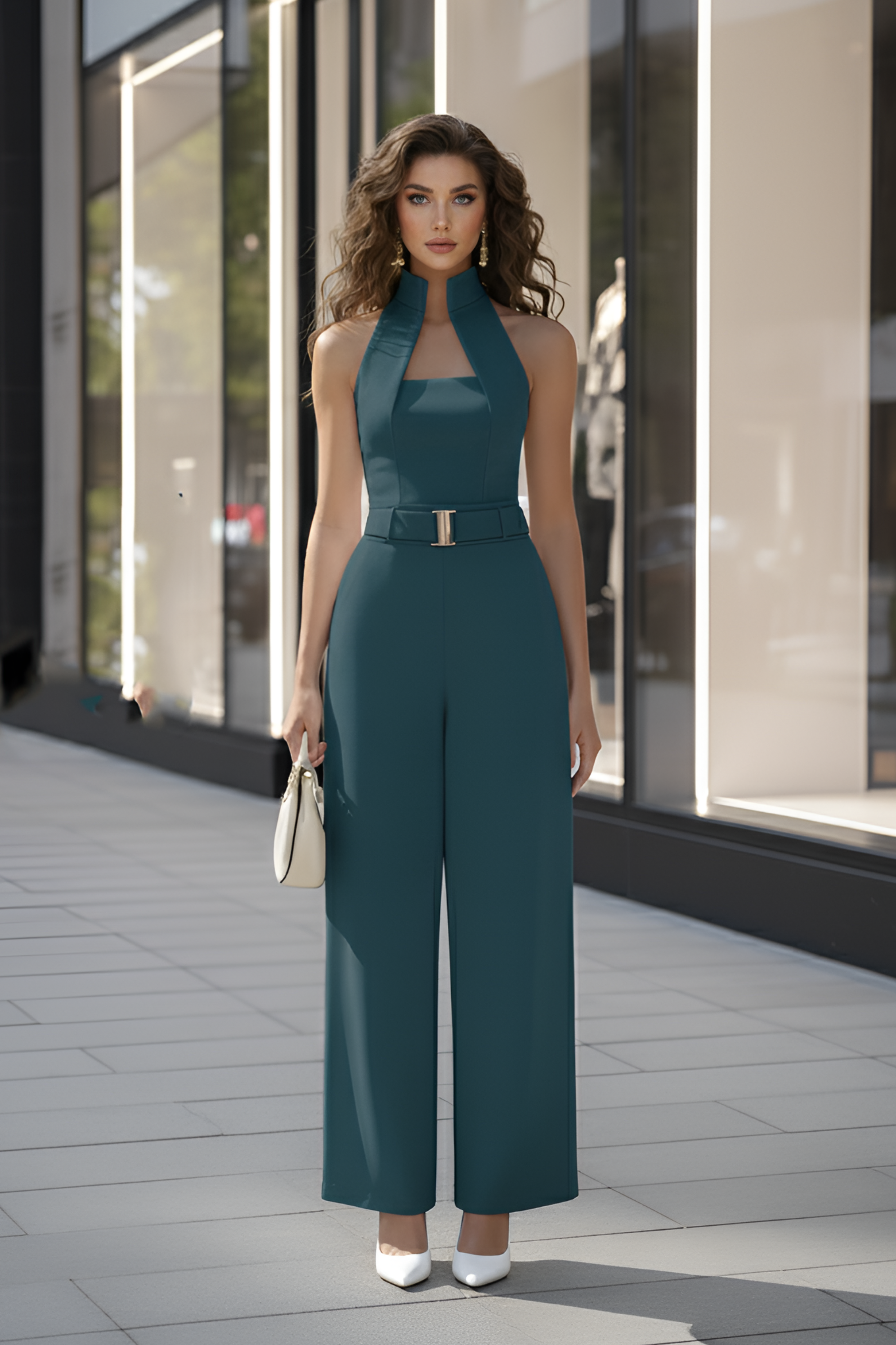Teal High-Collar Jumpsuit – Gold Buckle